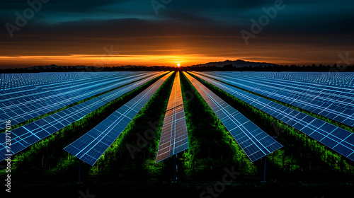 Sunset bathes rows of solar panels in warm light Solar farms are becoming increasingly common around the world 