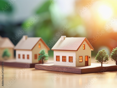 house models on blurred living room background, house selection, real estate concept. 