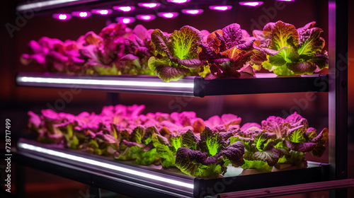Hydroponic grow rack indoor farming with growing lettuces and tomatoes, violet LED glow lights 