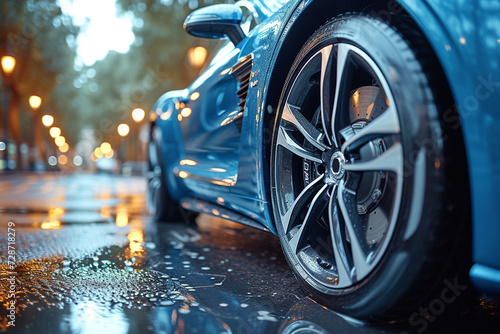 close up view of a car wheel, tire in the rain