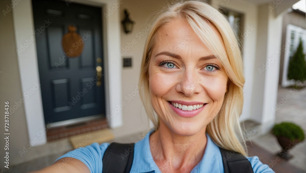 Warm selfie of a smiling middle-aged woman with blonde hair, standing in front of a house, wearing a blue shirt and carrying a backpack, exuding confidence and friendliness.