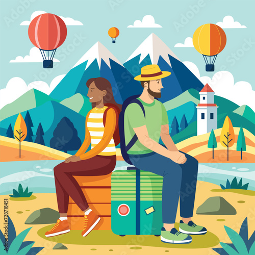 Young couple traveler's sitting and resting on their bags. Man and woman had their romantic vacation\honeymoon or summer holidays. World travel concept vector flat illustration.