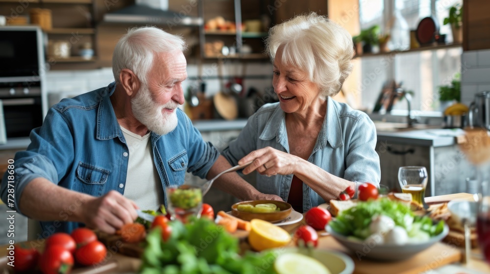 Senior couple sharing a vegetable-rich meal at home.