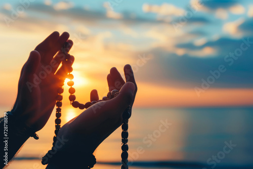 Serene Sunset Prayer by Muslim Man