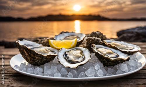 Plate of freshly shucked oysters on ice with lemon photo
