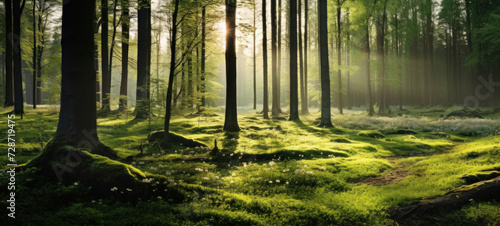 Sunlit Forest with Lush Green Moss photo