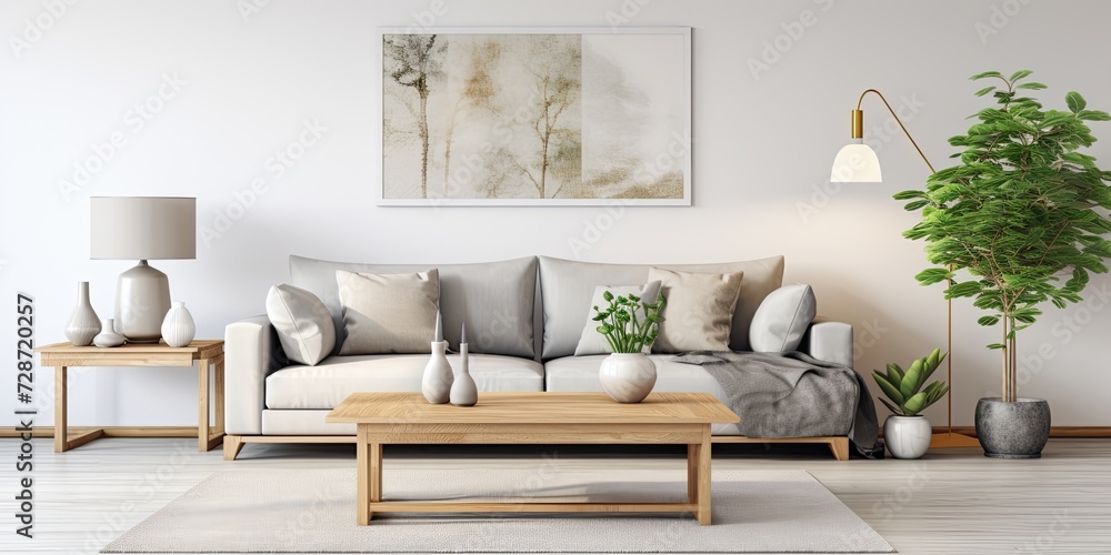 Fototapeta premium Bright living room with comfy grey sofas and coffee table on plush carpet.