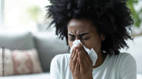 A young sick woman with curly hair lies at home in stress, blowing her nose into a white handkerchief while sitting on the sofa.