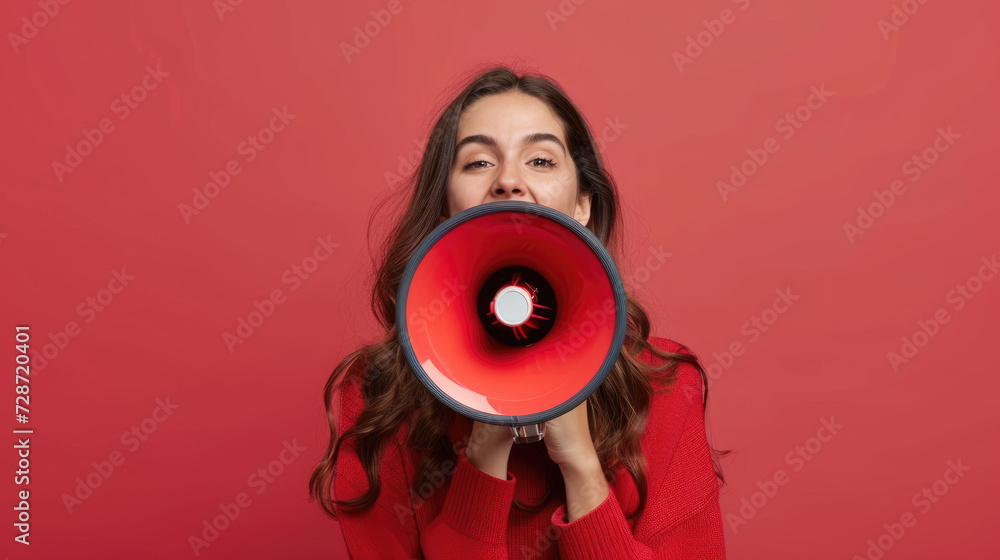 Obraz premium A woman in a red sweater screams into a loudspeaker, holding it with both hands on a red background.