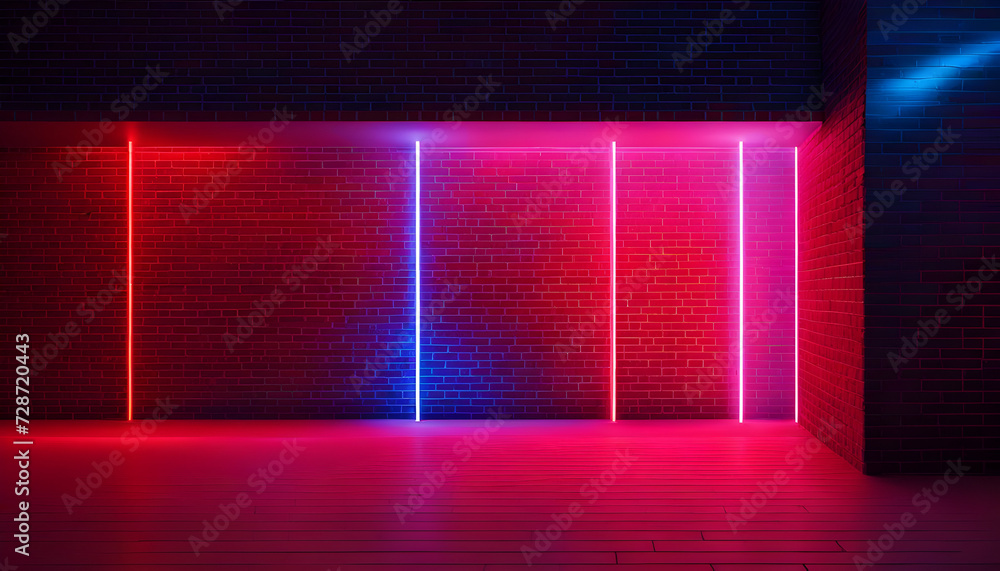 3d rendering neon background texture of empty red brick wall. glowing ...