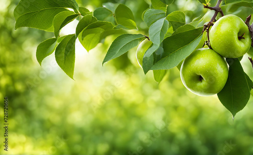 Green apple-laden tree focal point, lush garden