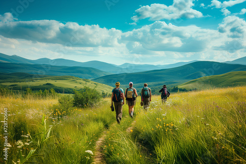 Family and friends going hiking together in the mountains, a view from the back, strolling through beautiful nature, fields and hills with grass