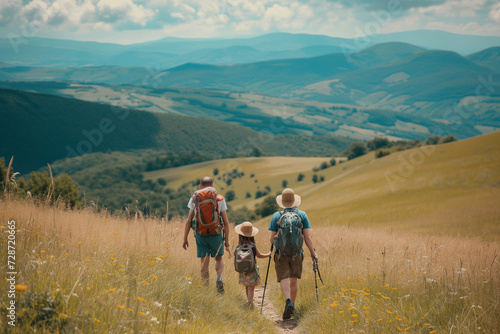Family and friends going hiking together in the mountains, a view from the back, strolling through beautiful nature, fields and hills with grass