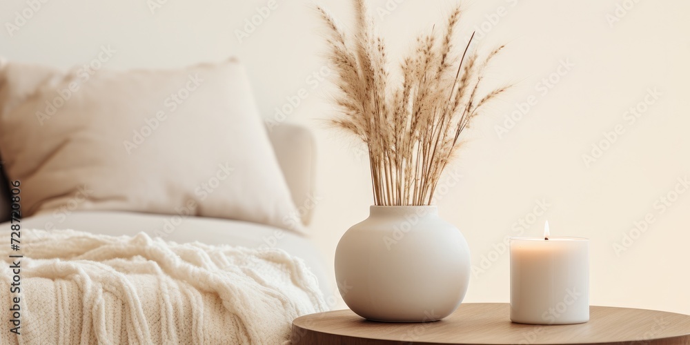 Minimal Scandinavian home decor with a cozy and aesthetic feel, featuring dried hare's tail grass, candles, and a stylish round vase in a creatively composed living room setting.