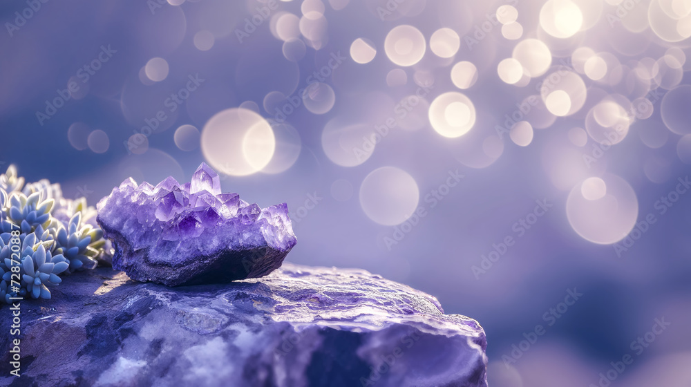 Amethyst geode with crystal points, sparkling bokeh lights in background Amethyst geode with crystal points, sparkling bokeh lights in background