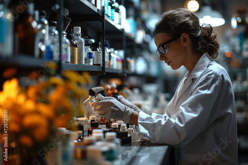 Focused female scientist examining samples in a high-tech lab environment
