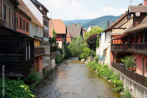 Kaysersberg-Vignoble historic Alsace town with traditional timbered houses above river  popular tourist destination in France