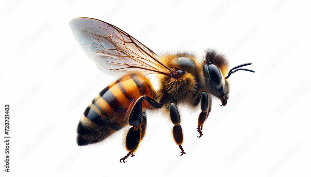 Honey bumble bee pollinator in flight on a white background wallpaper Honey bumble bee pollinator in flight on a white background wallpaper