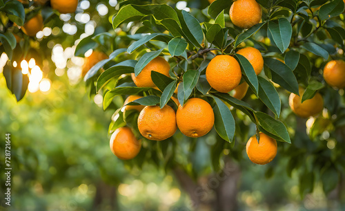 Abundant orange tree with ripe oranges in focus foreground  garden setting background