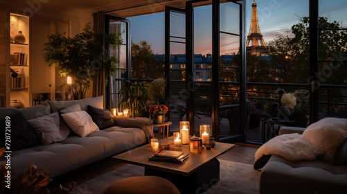 chic luxurious and romantic apartment in Paris, a view of the Eiffel tower