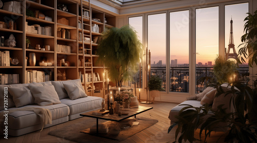 luxury Parisian apartment with a view of the Eiffel tower, sunset