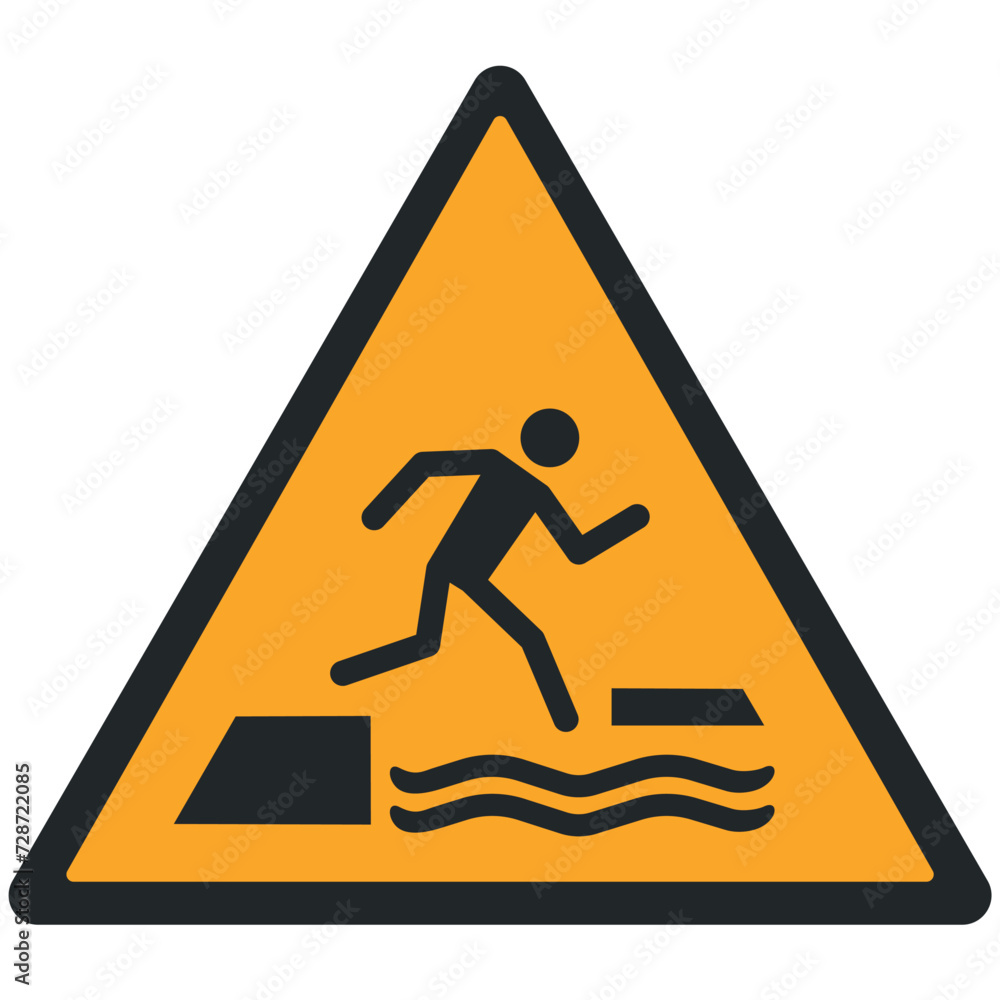 WARNING PICTOGRAM, WARNING; FALLING INTO WATER WHEN STEPPING ON OR OFF A FLOATING SURFACE ISO 7010 - W068, VECTOR WARNING PICTOGRAM, WARNING; FALLING INTO WATER WHEN STEPPING ON OR OFF A FLOATING SURFACE ISO 7010 - W068, VECTOR