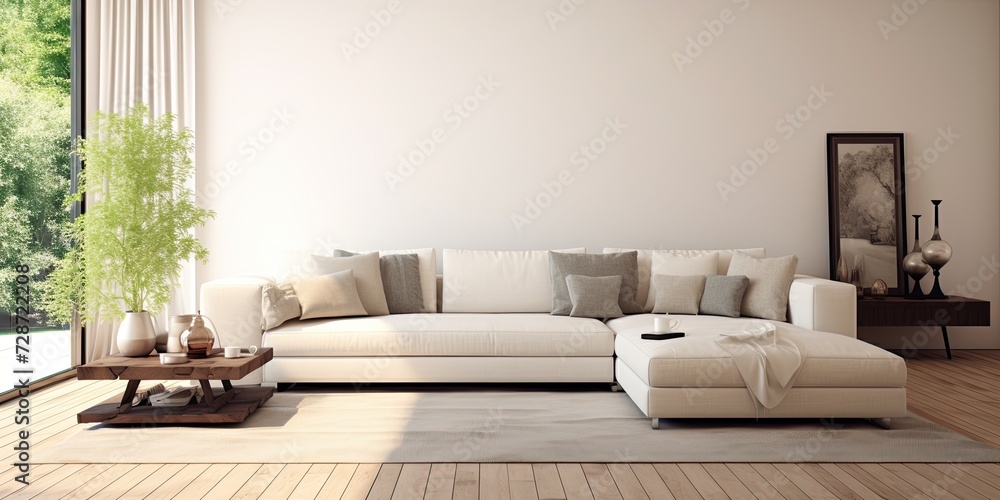 Fototapeta premium Bright, white living room with large rug on dark wooden floor and beige corner sofa with cushions.