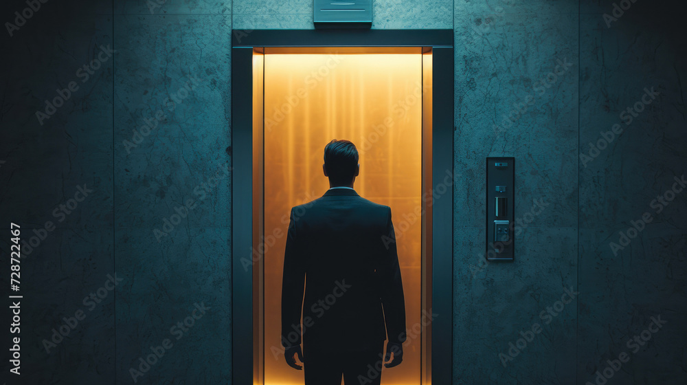 Corporate Arrival: Man in Black Suit by Elevator