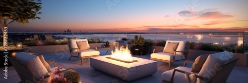 outdoor seating area with several chairs arranged around a fire pit on residential house terrace photo