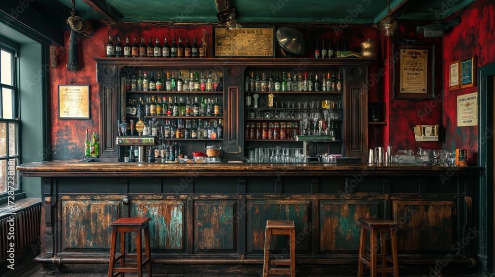 the counter bar in a cosy old english or irish pub with lots of whisky bottles in the background - obrazy, fototapety, plakaty 