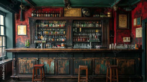 the counter bar in a cosy old english or irish pub with lots of whisky bottles in the background photo
