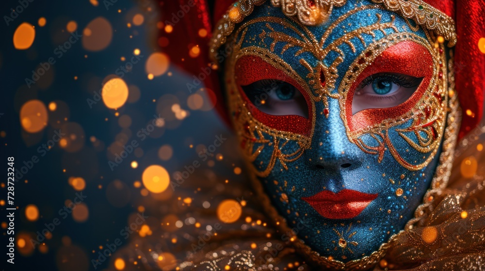  a close up of a person wearing a blue and red mask and a red shawl over their head and a blue and gold mask on their face and a blurry background.