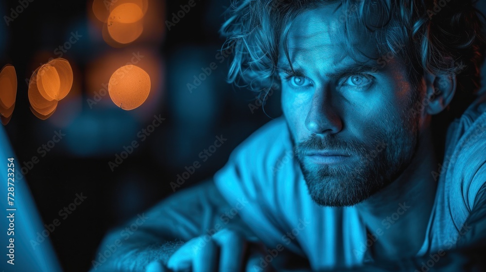 a man sitting in front of a laptop computer in a dark room with a blurry light on the wall behind him and a blurry boke of lights in the background. a man sitting in front of a laptop computer in a dark room with a blurry light on the wall behind him and a blurry boke of lights in the background.