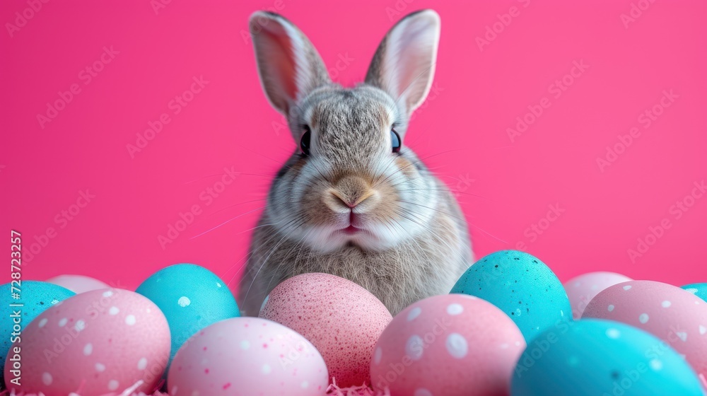 a rabbit sitting in front of a pile of eggs with pink and blue speckled eggs in the foreground and a pink background with white speckled eggs in the foreground. a rabbit sitting in front of a pile of eggs with pink and blue speckled eggs in the foreground and a pink background with white speckled eggs in the foreground.