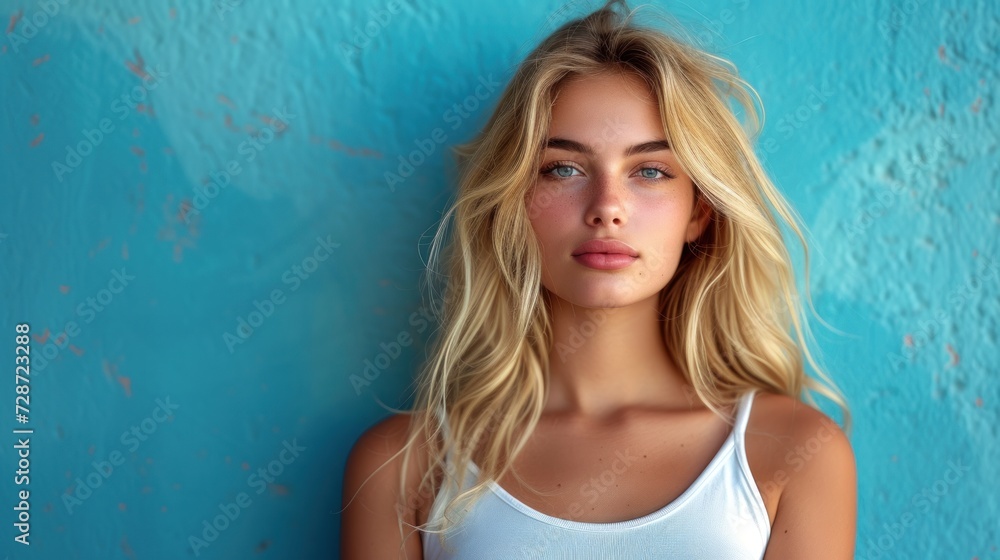 a woman standing in front of a blue wall wearing a white tank top and looking at the camera with a serious look on her face, with a serious look on her face. a woman standing in front of a blue wall wearing a white tank top and looking at the camera with a serious look on her face, with a serious look on her face.