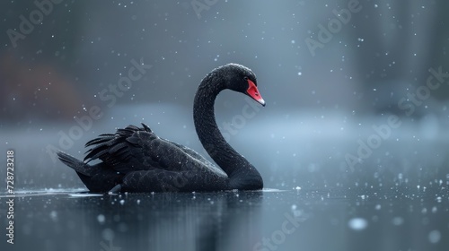  a black swan floating on top of a body of water in the middle of a rain filled forest with lots of drops of water on the ground and on the water. © Ilona