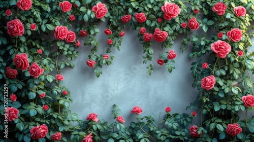  a bunch of red roses are growing on the wall of a building with green leaves on the outside of the wall and on the inside of the outside of the wall.