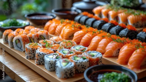  a close up of sushi on a tray with sauces and garnishes on the side of the tray and a bowl of broccoli on the side.