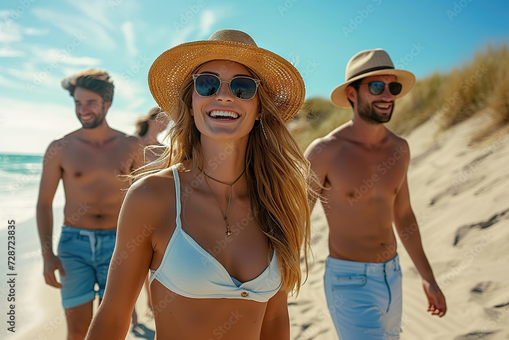 Coastal Joy Happy Friends Share Laughter and Enjoyment During a Carefree Beach Stroll in the Warm Embrace of Sunlight