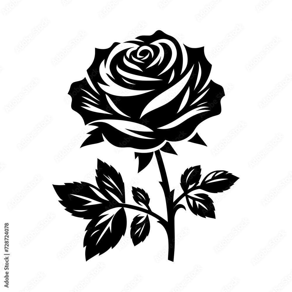Rose flower with leaves monochrome clip art. vector illustration