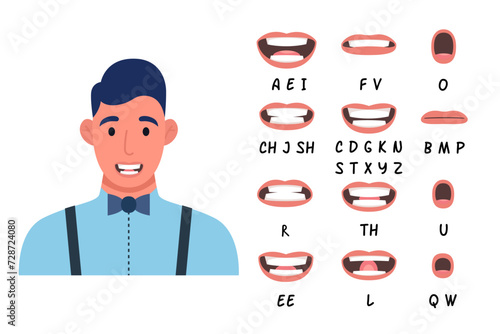 Lip sync collection for animation. Cartoon male character mouth and lips sync for sound pronunciation. Vector illustration. photo