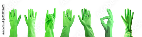 Hands in green rubber gloves for cleaning, showing gestures, ok, rock, hi isolated on white, transparent png