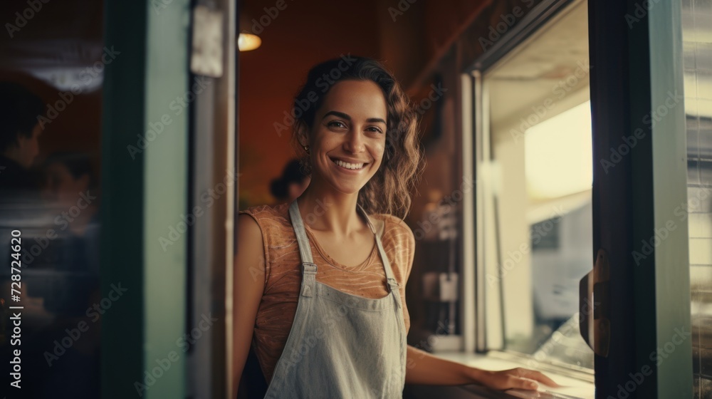 Portrait of a happy owner standing at the door of cefe shop, a cheerful adult waiter waiting for customers at a coffee shop, successful small business owner, professional, service Portrait of a happy owner standing at the door of cefe shop, a cheerful adult waiter waiting for customers at a coffee shop, successful small business owner, professional, service