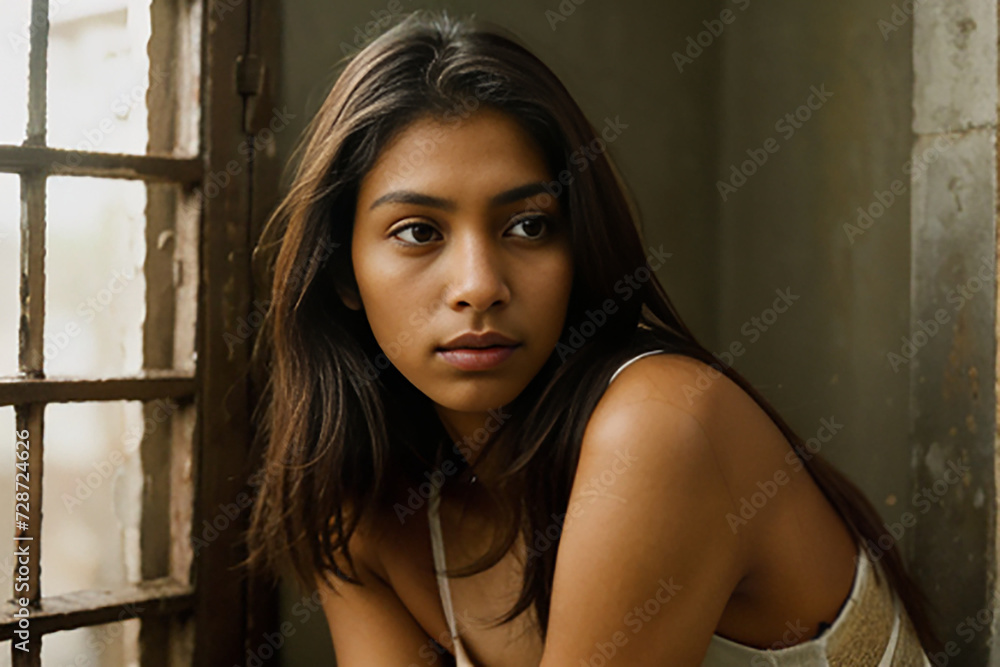 Fototapeta premium Old fashioned home with a young lady posing in front of a windowsill and wall