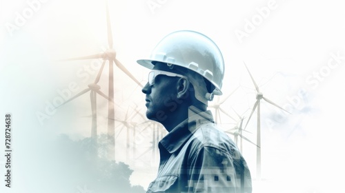 engineer man ware safety helmet and solar cell and wind mill, technology, turbine, energy, renewable, generator, sky, power, industrial, alternative, worker, hardhat, electricity © Polpimol