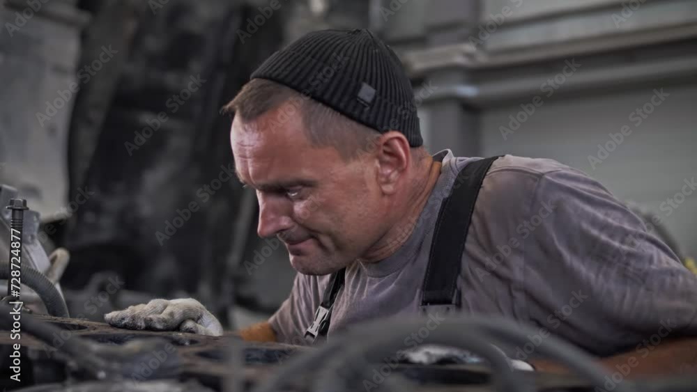 Engine mechanic inspects a huge truck engine Engine mechanic inspects a huge truck engine
