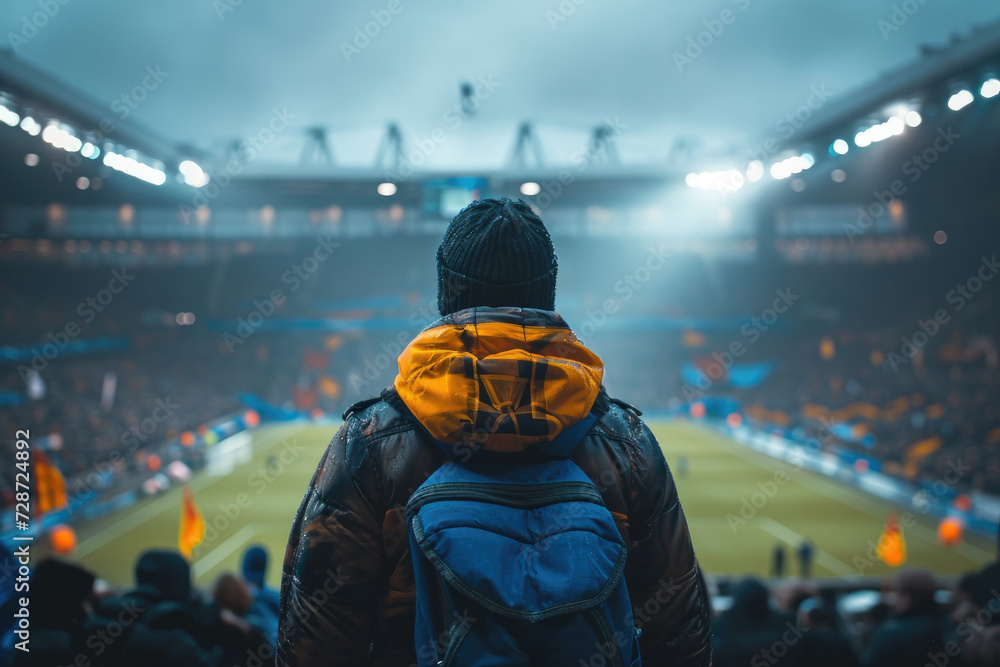Soccer fan or football fan with flag at cheering while winning match. Generative AI Soccer fan or football fan with flag at cheering while winning match. Generative AI