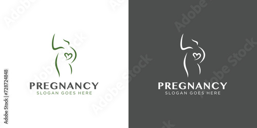 Creative Pregnancy Logo. Woman Carrying Baby or Pregnant with Minimalist Style. Healthcare Mom Logo Icon Symbol Vector Design Template.
