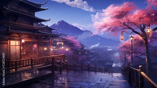 Illustration of Japanese or fantasy eastern landscape. Night, ancient street. Anime Like background. Digital painting. For Poster, invitation, flyer, banner, email, header. Generative Ai content photo