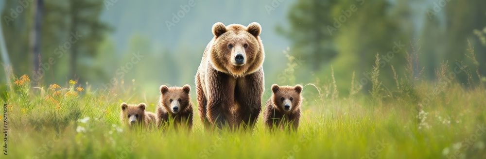 A photo capturing a notable scene of a significantly large brown bear standing alongside two smaller brown bears.